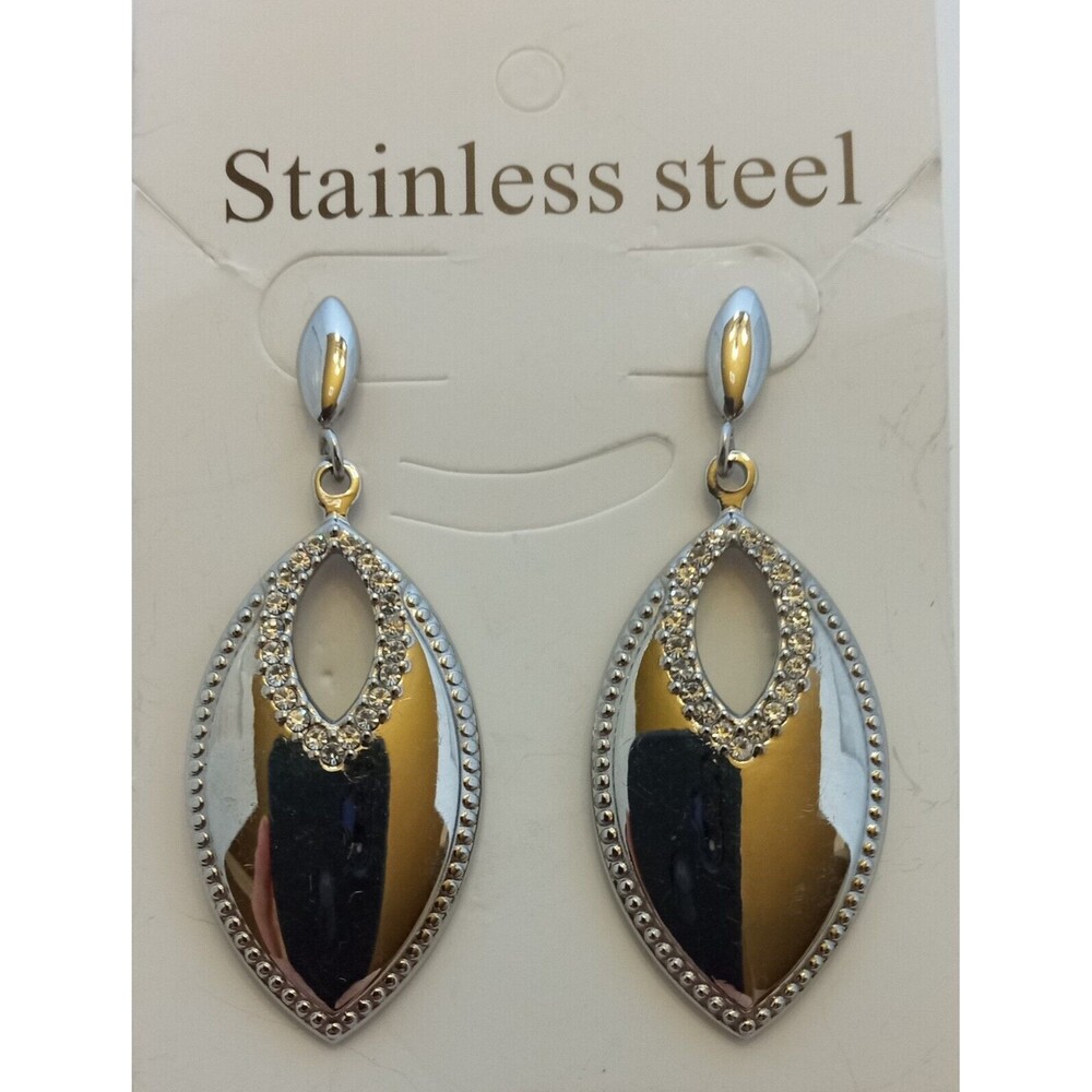 Stainless Steel & Clear Crystal Stud Dangle Earrings 2.5 inch - Picture 6 of 9